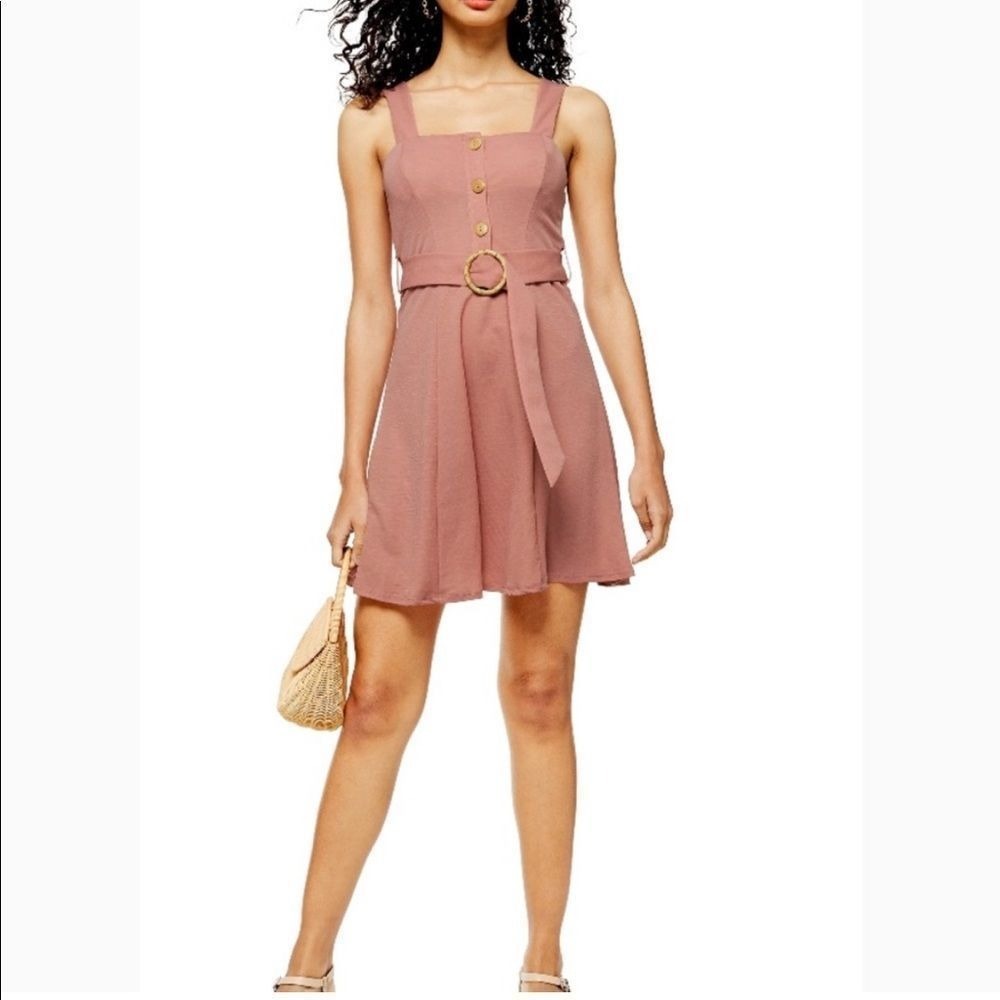 Topshop Women's Sz 4 Pink Belted Mini Dress Buttoned Fit and Flare Summer Casual